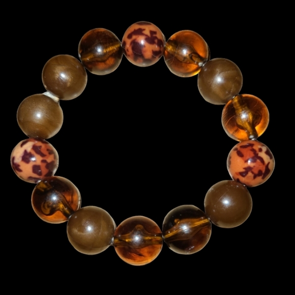 6" Brown Leapord Vintage Stretchy Beaded Bracelet L8 - Picture 2 of 2